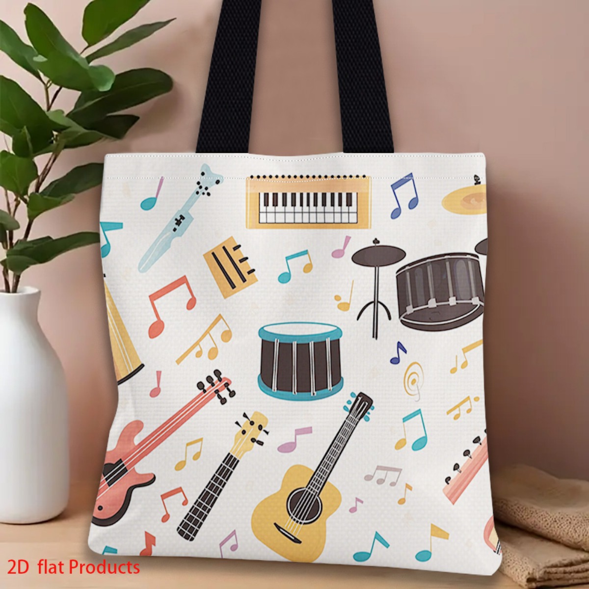 Musical Instrument Shop - 활기 넘치는 악기와 음표 디자인의 쇼핑백으로,